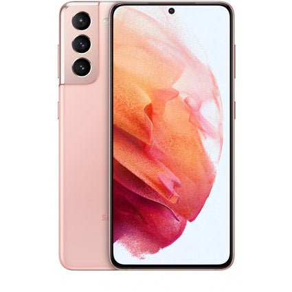 Samsung Galaxy S21 5G with a pink and orange gradient on a white background