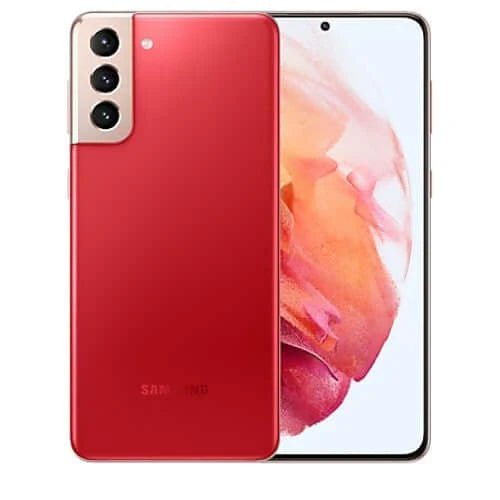 Red Samsung Galaxy S21+ 5G smartphone showing back and front views on a white background