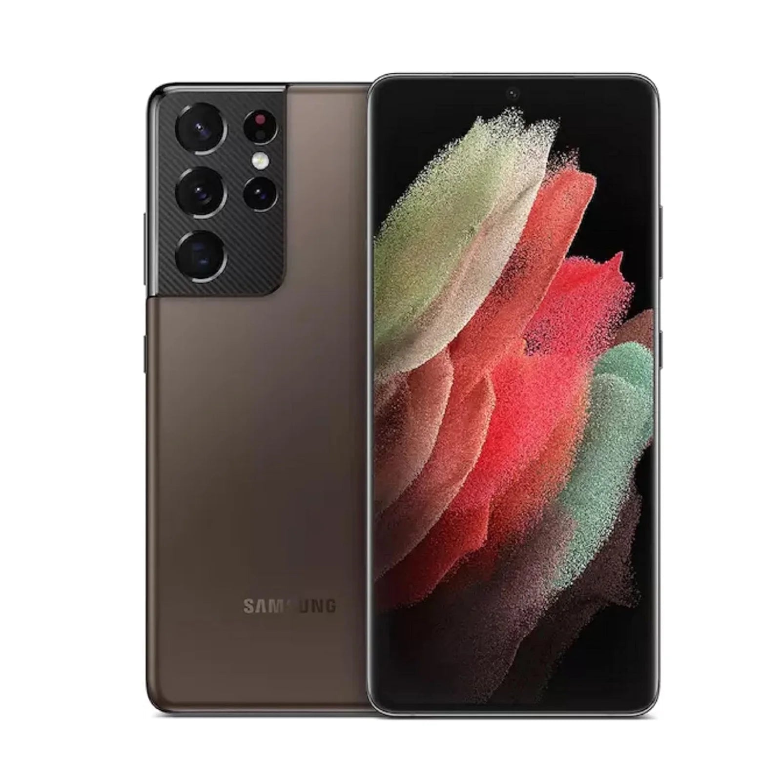 Samsung Galaxy S21 Ultra 5G smartphone showing front and back on a white background