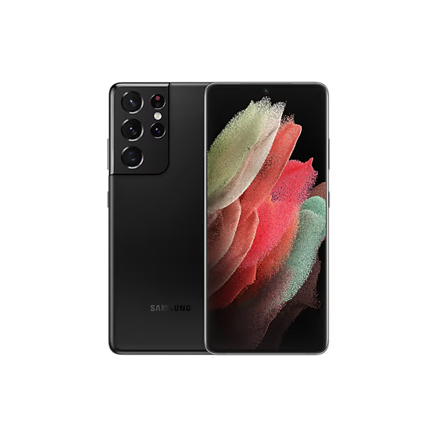 Samsung Galaxy S21 Ultra 5G smartphone showing back and front views on a black background