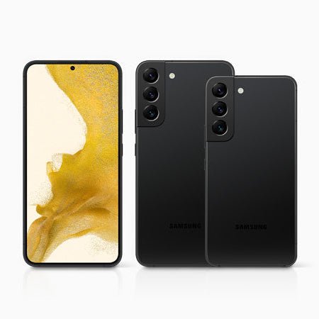 Samsung Galaxy S22+ 5G with a gold screen interface on a white background