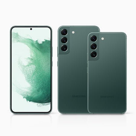 Green Samsung Galaxy S22+ 5G showing front, back, and side views on a white background