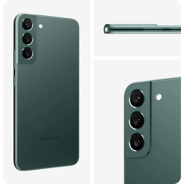 Green Samsung Galaxy S22+ 5G shown from multiple angles on a white background