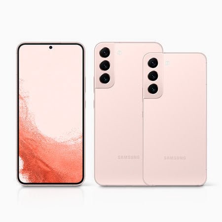 Samsung Galaxy S22+ 5G in pink color shown from multiple angles on a white background