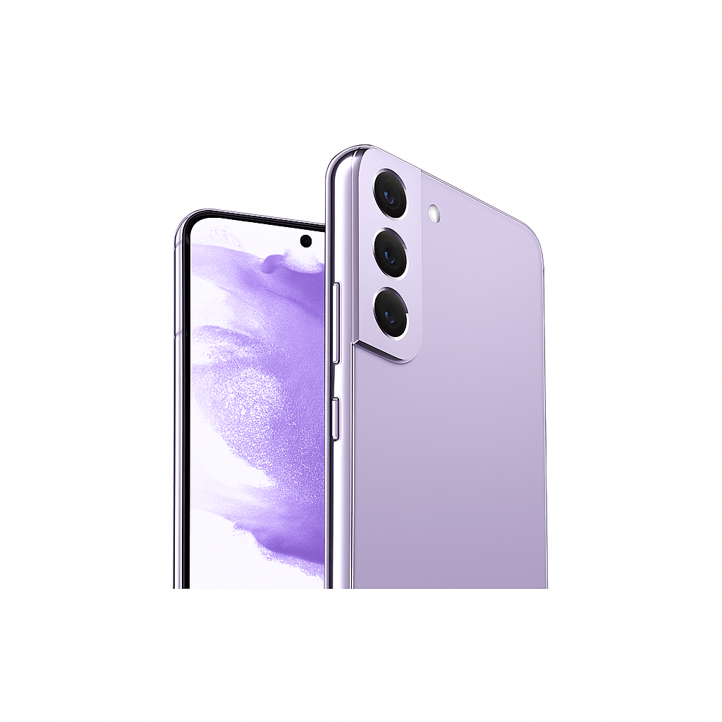 Purple Samsung Galaxy S22 5G showing front, back, and side views on a white background