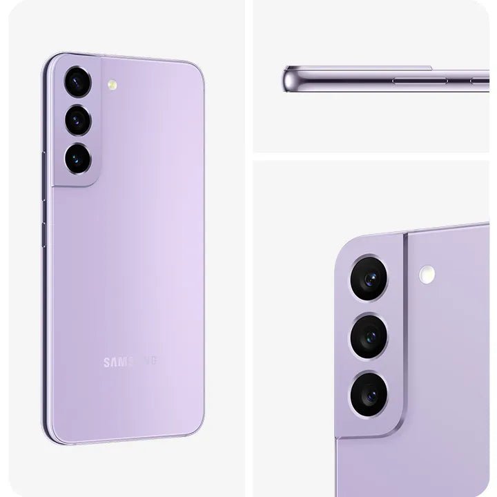 Purple Samsung Galaxy S22 5G showing front, back, and side views on a white background
