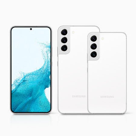 Samsung Galaxy S22+ 5G showing front, back, and side views on a white background