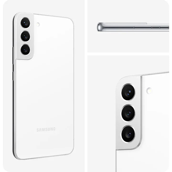 Samsung Galaxy S22+ 5G showing back, side, and front views on a white background