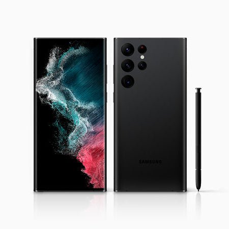 Samsung smartphone with colorful display and stylus on a white background