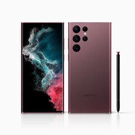 Samsung Galaxy S22 Ultra with stylus on a white background