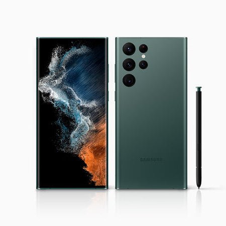 Samsung Galaxy S22 Ultra with stylus on a white background