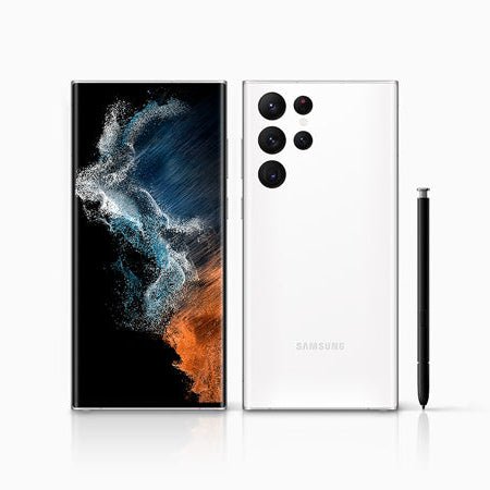 Samsung smartphone with stylus on a white background