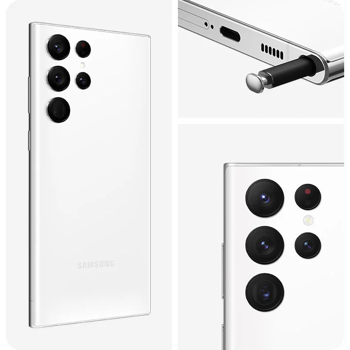Samsung Galaxy S22 Ultra 5G with camera details on a white background