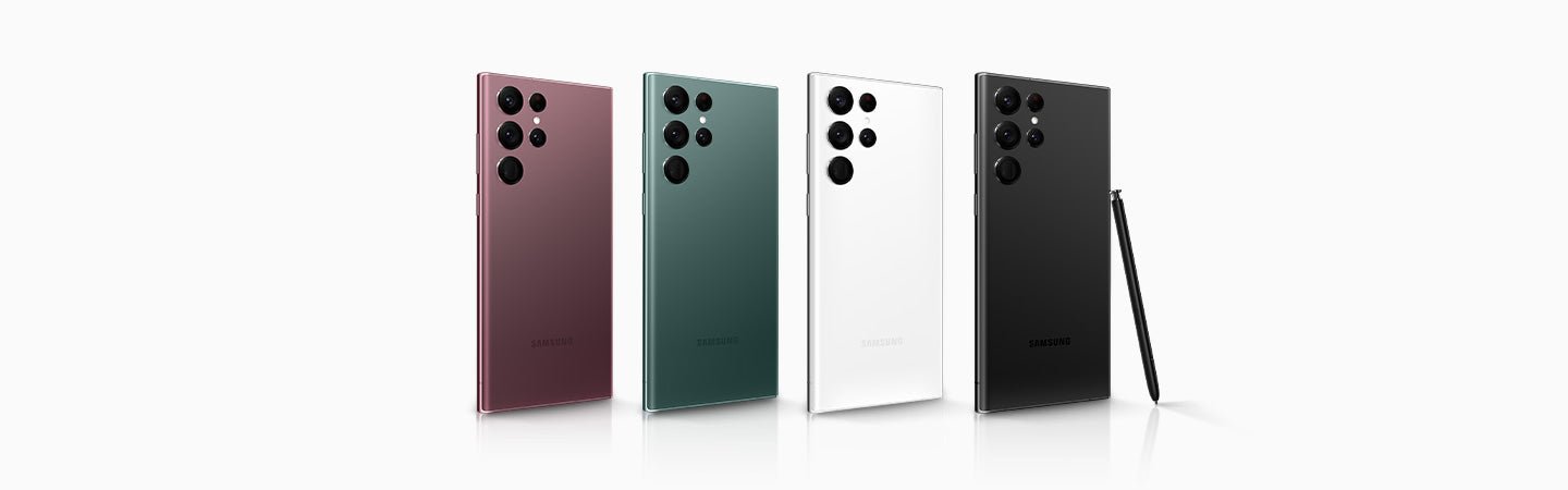 Four smartphone models of Samsung Galaxy S22 Ultra 5G in different colors on a white background