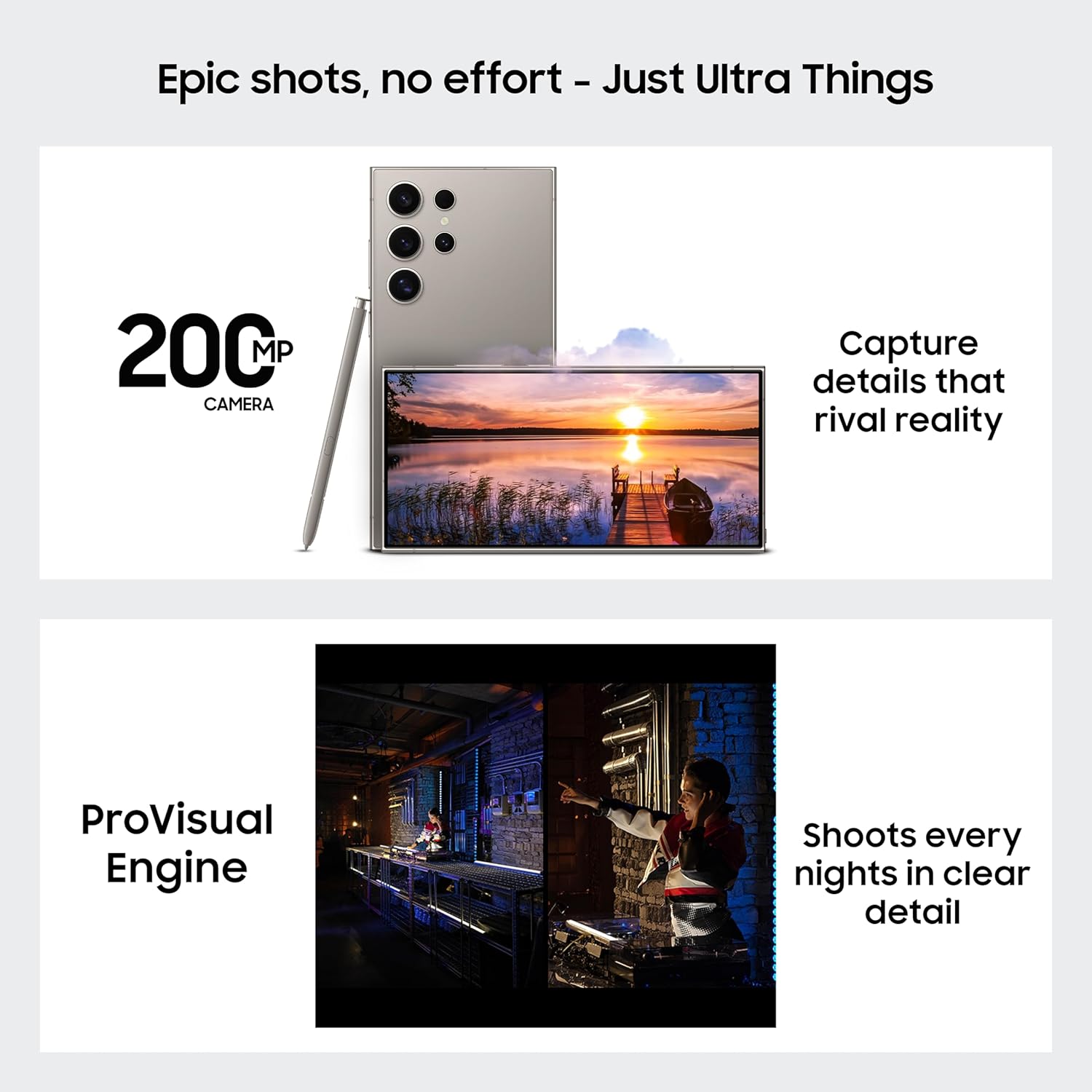 Advertisement for a Samsung Galaxy S24 Ultra 5G with a 200MP camera and ProVisual Engine features, showing scenic and indoor images.