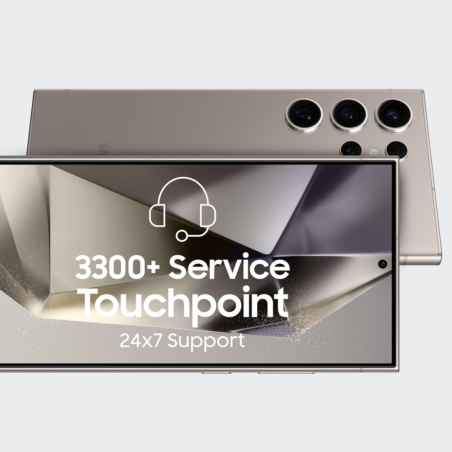 Samsung Galaxy S24 Ultra 5G with '3300+ Service Touchpoint' and '24x7 Support' text on a white background