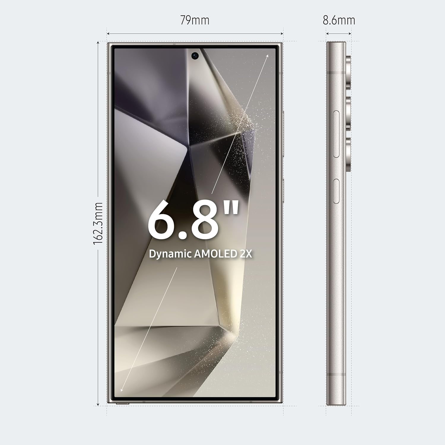 Samsung Galaxy S24 Ultra 5G display with dimensions and screen size information on a white background