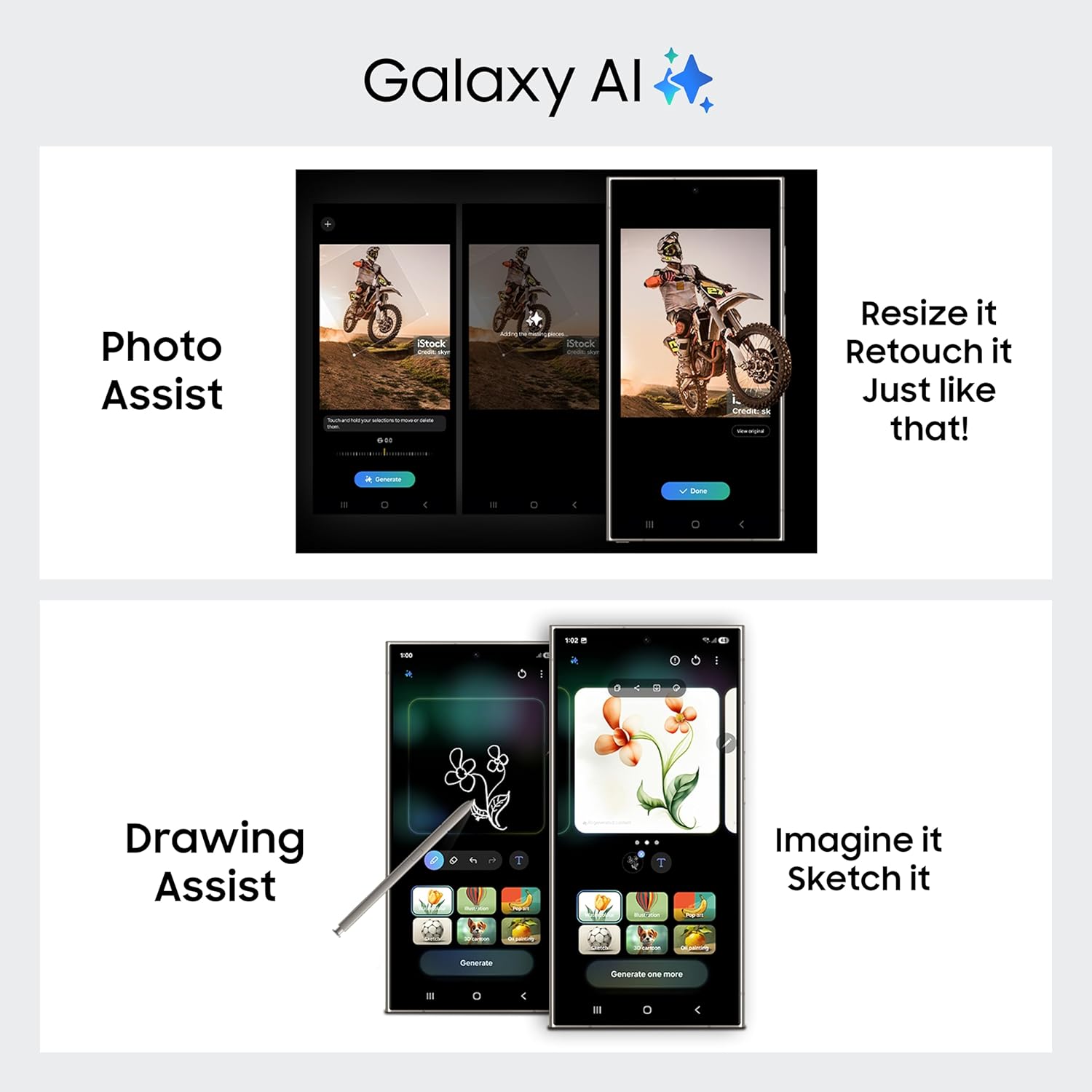 Samsung Galaxy AI app features with photo and drawing assist on a white background