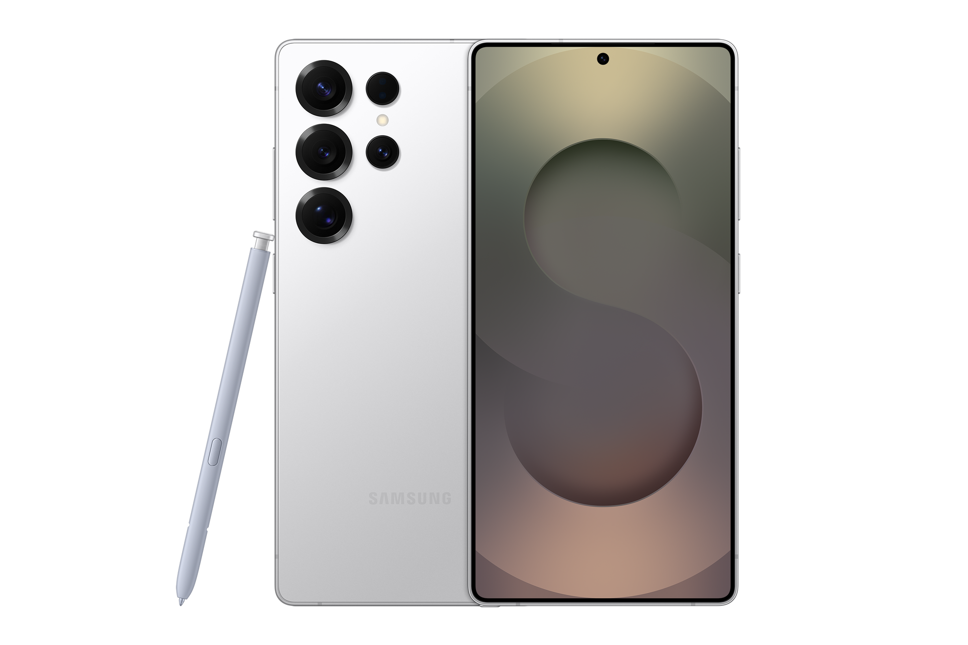 Samsung smartphone with stylus on a white background