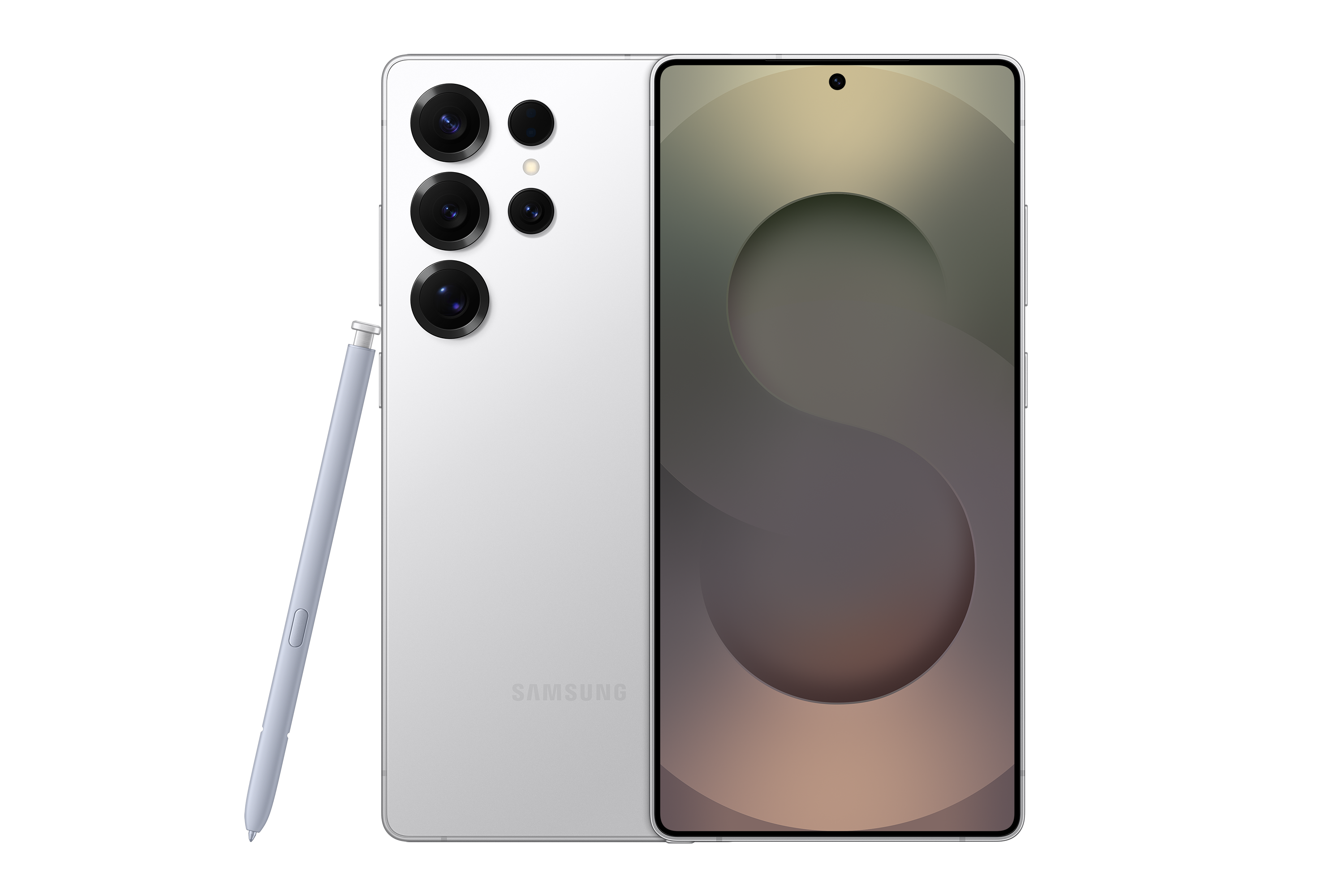 Samsung smartphone with stylus on a white background