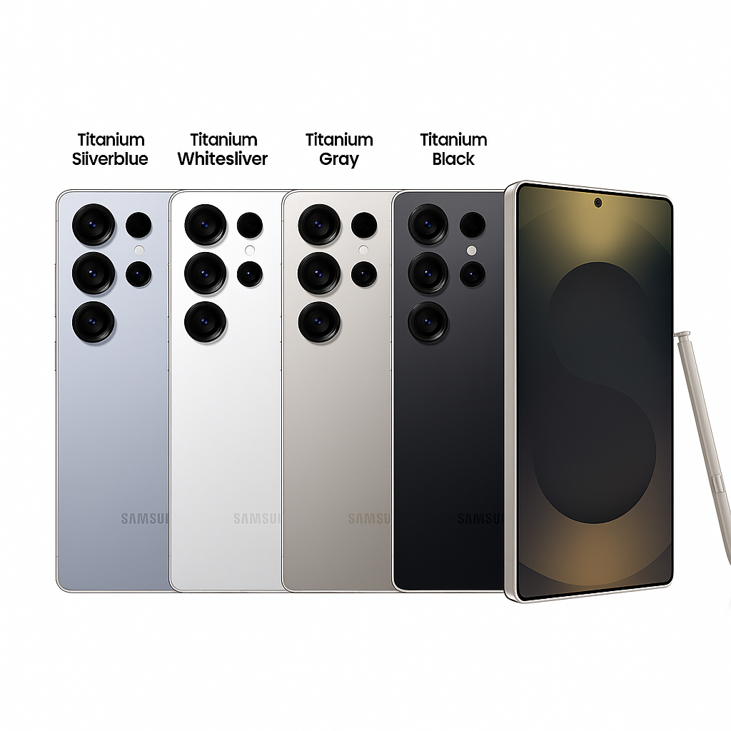 Samsung Galaxy S25 Ultra 5G with four color options on a white background